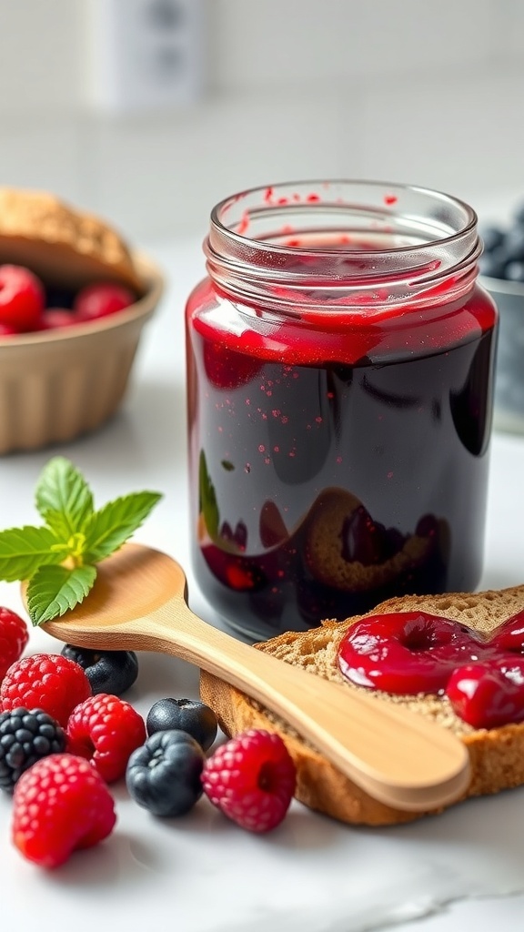 A jar of berry chia seed jam with a spoon on a slice of bread, surrounded by fresh berries.