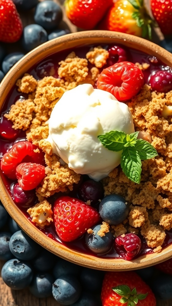 A delicious berry medley crisp with strawberries, blueberries, and raspberries topped with ice cream and mint leaves.