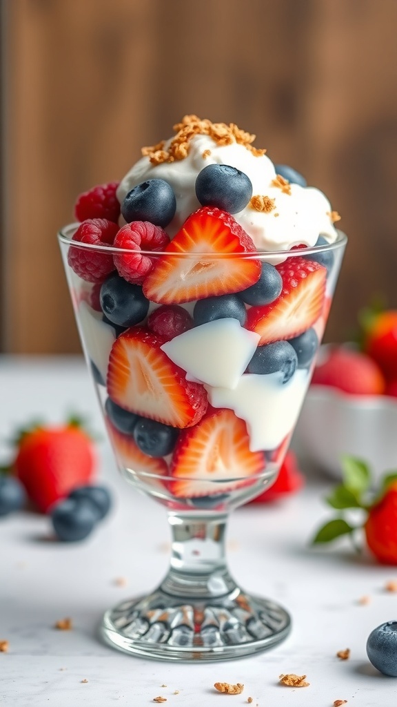 A delicious berry medley parfait with layers of strawberries, blueberries, raspberries, and yogurt, topped with granola.