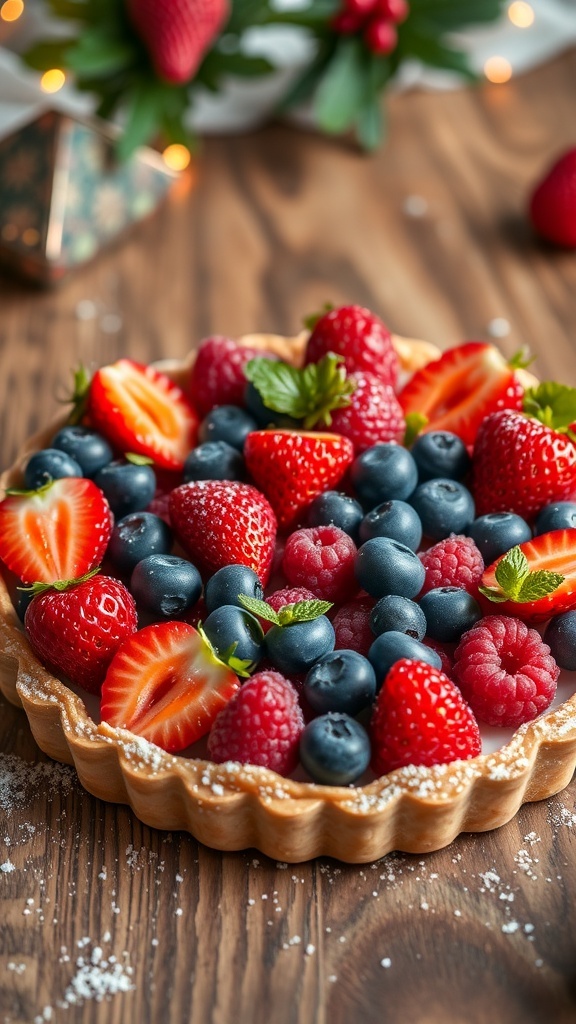 A beautiful berry medley tart topped with strawberries, blueberries, and raspberries, garnished with mint leaves, set against a festive backdrop.