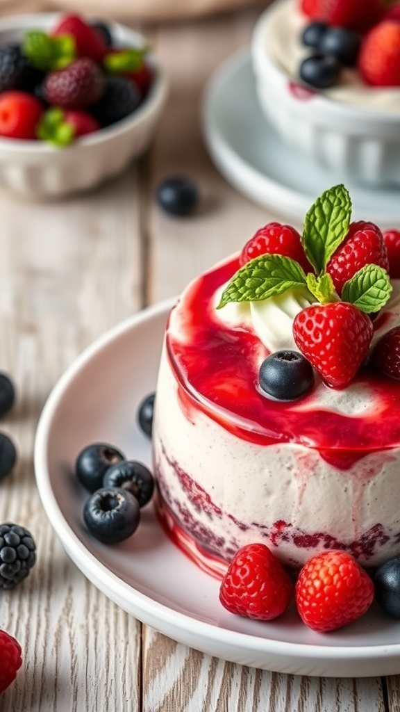 A beautiful berry mousse topped with fresh raspberries and blueberries, served on a white plate with mint leaves.