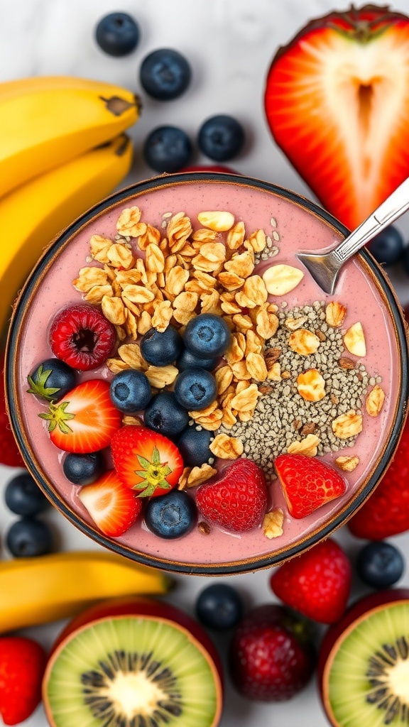 A colorful berry protein smoothie bowl topped with granola, chia seeds, and fresh berries.