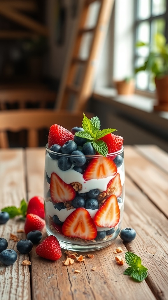 A berry yogurt parfait with layers of yogurt, strawberries, blueberries, and granola in a glass, garnished with mint leaves.