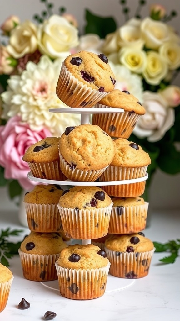 A tiered display of freshly baked blueberry chocolate chip muffins surrounded by flowers.