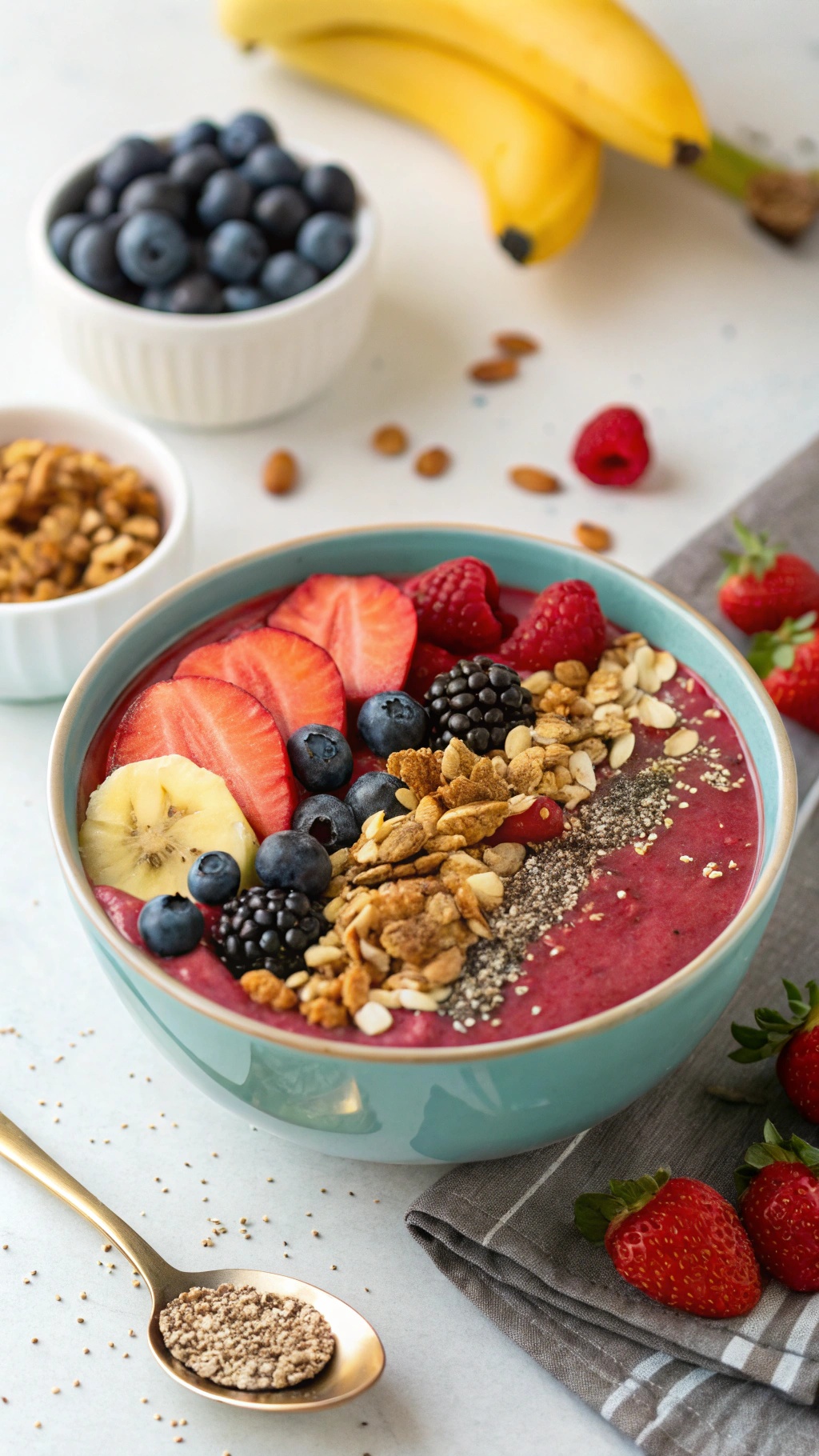A vibrant smoothie bowl topped with fresh fruits and granola.