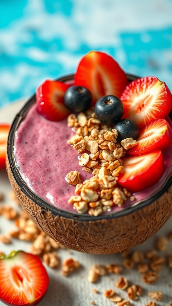 A colorful smoothie bowl topped with strawberries, blueberries, and granola.