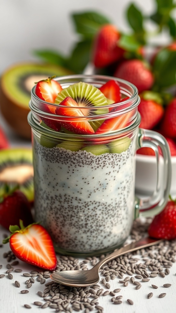 Chia seed pudding topped with strawberries and kiwi in a jar, surrounded by fresh fruits.