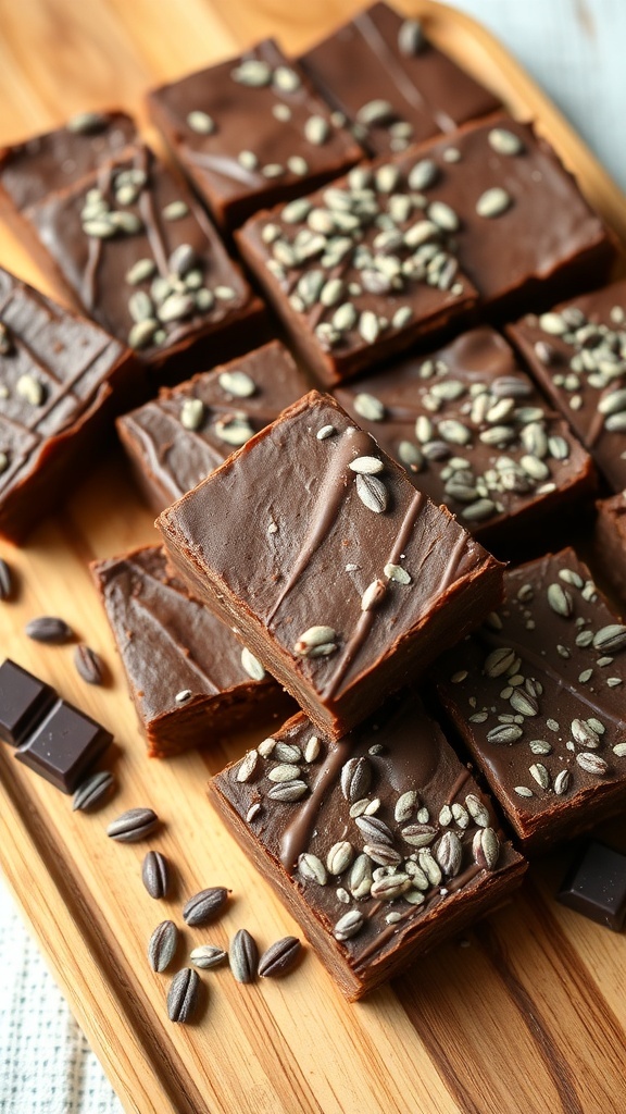 Chocolate chia energy bars topped with sunflower seeds on a wooden platter.