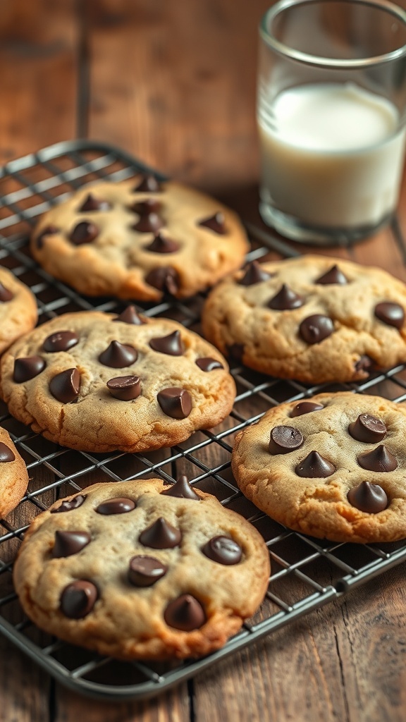 Freshly baked chocolate chip cookies on a cooling rack with a glass of milk
