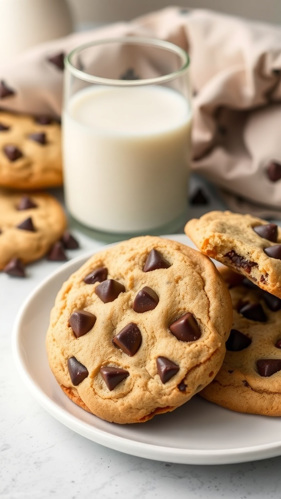 A plate of chocolate chip protein cookies with a glass of milk in the background.