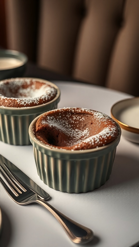 Chocolate protein soufflé in ramekins, dusted with powdered sugar, served on a table.