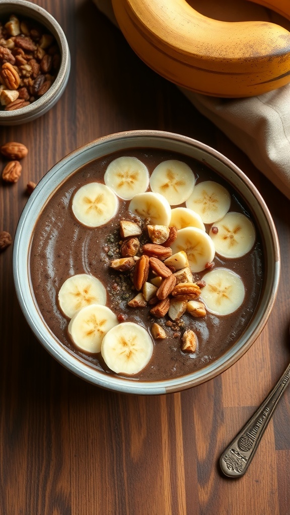 A bowl of chocolate quinoa pudding topped with banana slices and nuts, with bananas in the background.