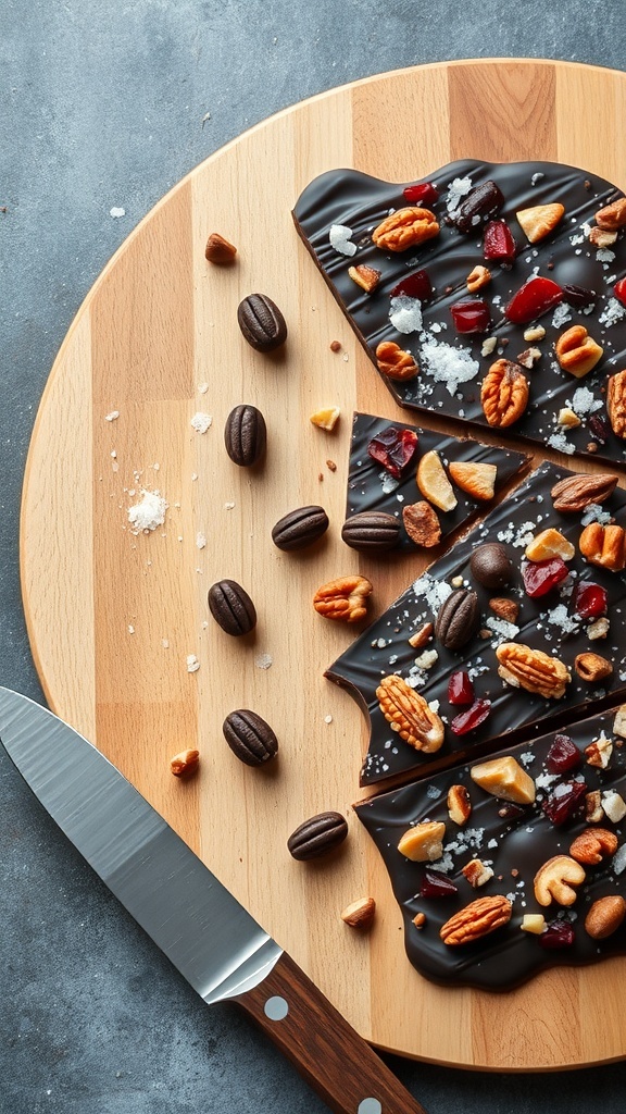 Dark chocolate bark with nuts and dried fruits on a wooden board