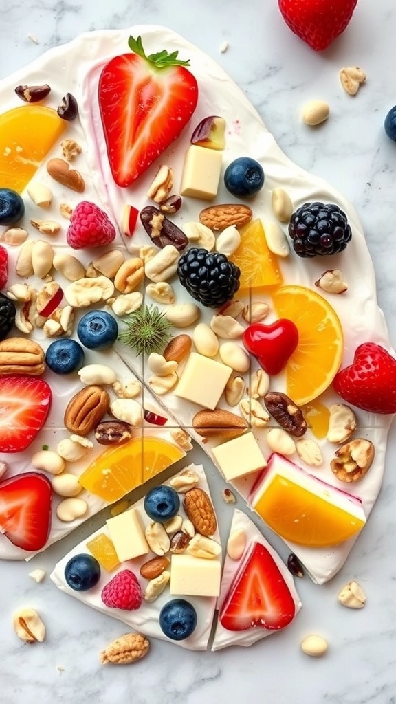 Frozen yogurt bark topped with mixed fruits and nuts