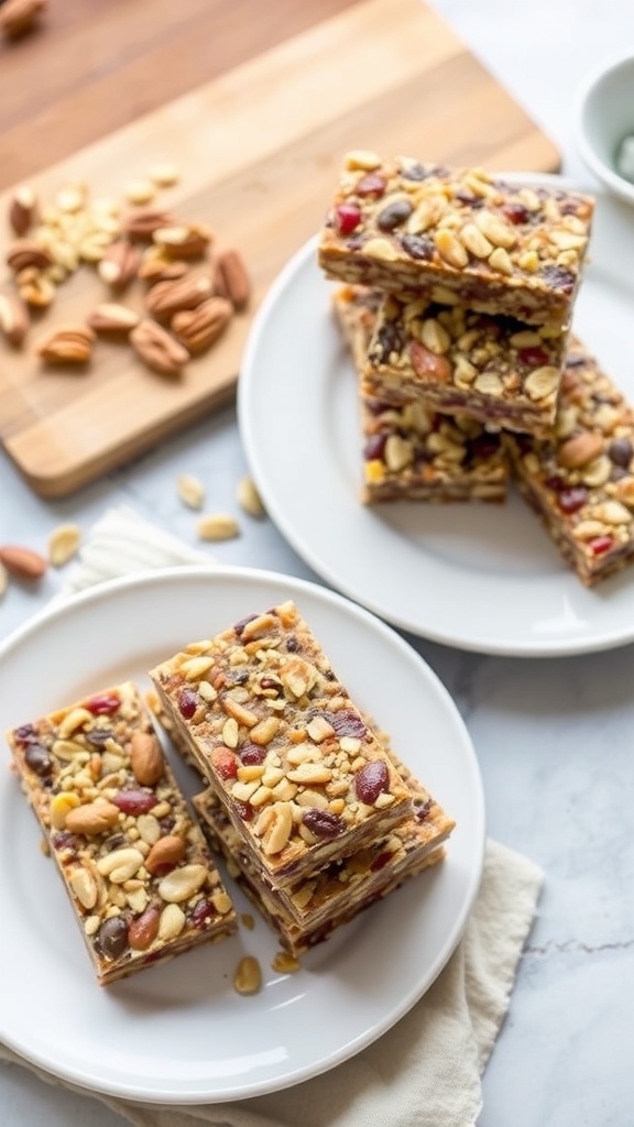 Homemade fruit and nut energy bars stacked on a plate with nuts scattered around.