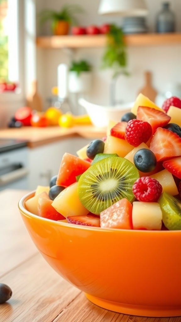 A vibrant bowl of fruit salad with strawberries, blueberries, kiwi, and more.