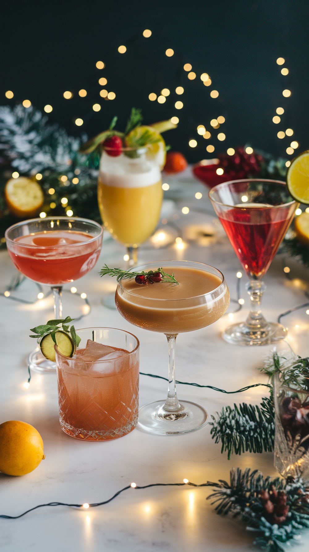 A variety of colorful holiday drinks arranged on a table with festive decorations.