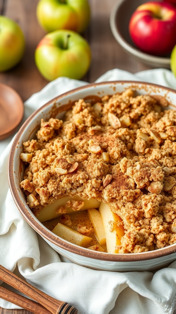 A delicious keto apple crisp with almond topping, surrounded by fresh apples.