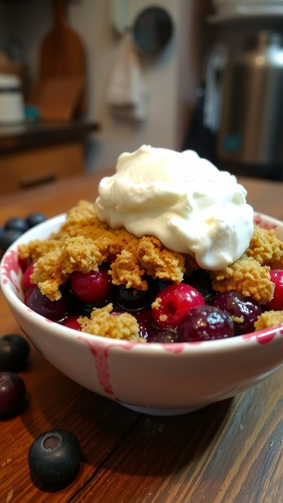 A bowl of keto berry crumble topped with whipped cream, featuring a mix of berries and a crumbly topping.