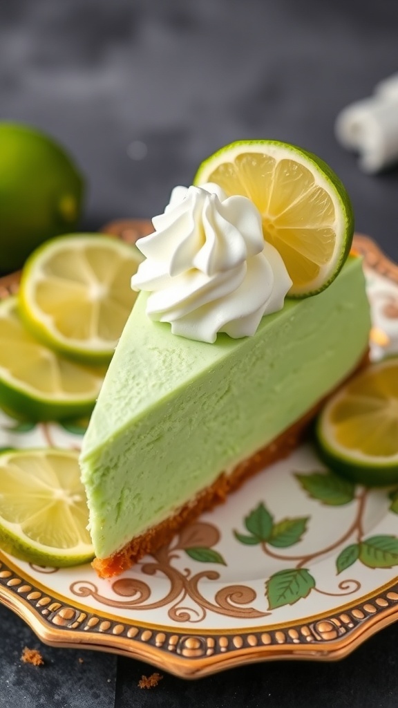 A slice of Key Lime Cheesecake topped with whipped cream and lime slices on a decorative plate.