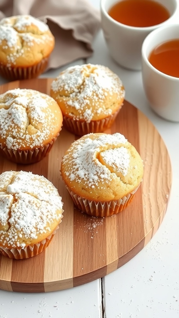 Delicious lemon poppy seed muffins dusted with powdered sugar, served with cups of tea.
