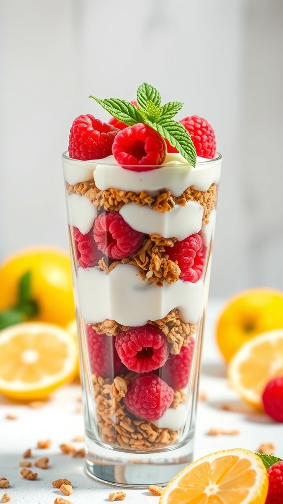 A layered lemon raspberry parfait in a glass, topped with fresh raspberries and mint leaves, surrounded by lemon slices.