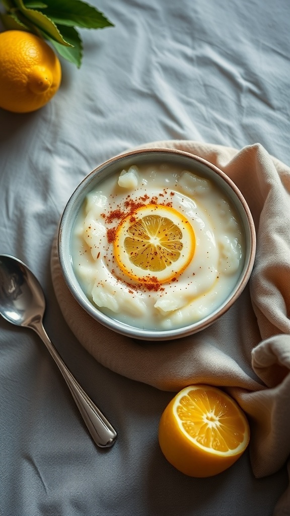A bowl of lemon rice pudding topped with a lemon slice and cinnamon, with fresh lemons on the side.