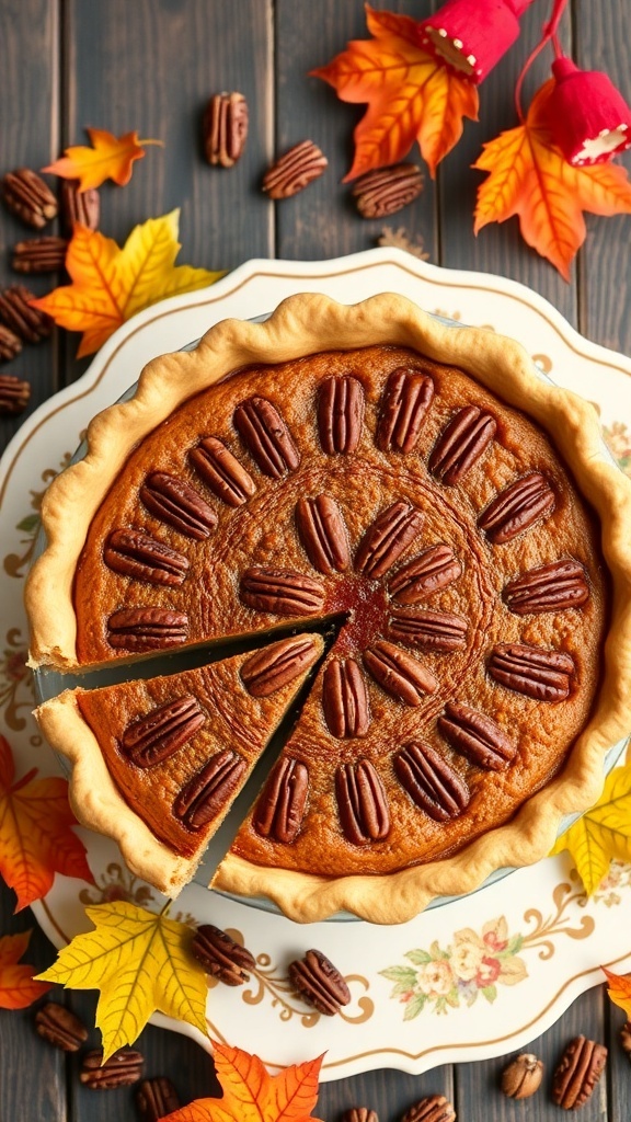 A beautifully baked maple pecan pie with a golden crust, topped with pecans and surrounded by autumn leaves.