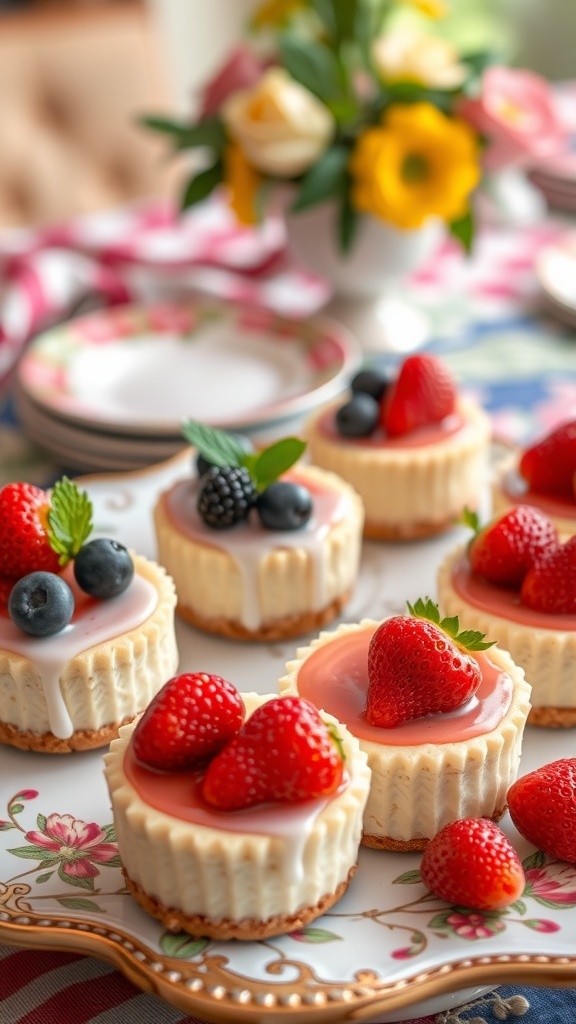 Mini cheesecakes topped with strawberries and blueberries on a decorative plate.