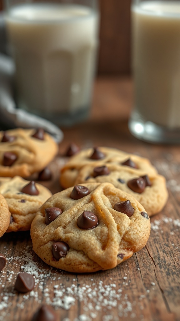 Mini chocolate chip cookies on a wooden surface with glasses of milk in the background.