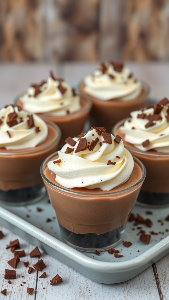 Mini chocolate mousse cups topped with whipped cream and chocolate shavings