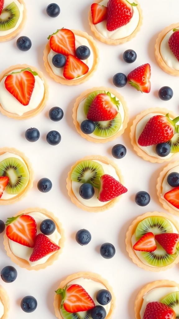 Mini fruit tarts topped with strawberries, blueberries, and kiwi on a white background.