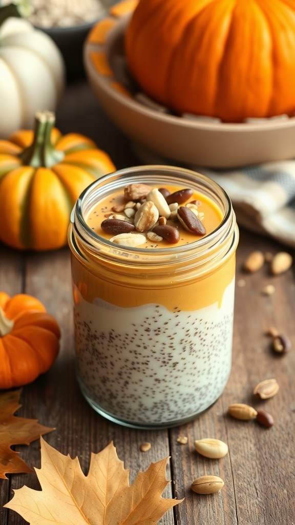 A jar of chia seed pudding topped with pumpkin puree and nuts, surrounded by pumpkins and autumn leaves.