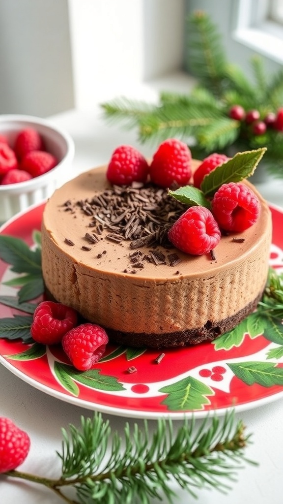 A no-bake chocolate cheesecake topped with raspberries and chocolate shavings on a festive plate.