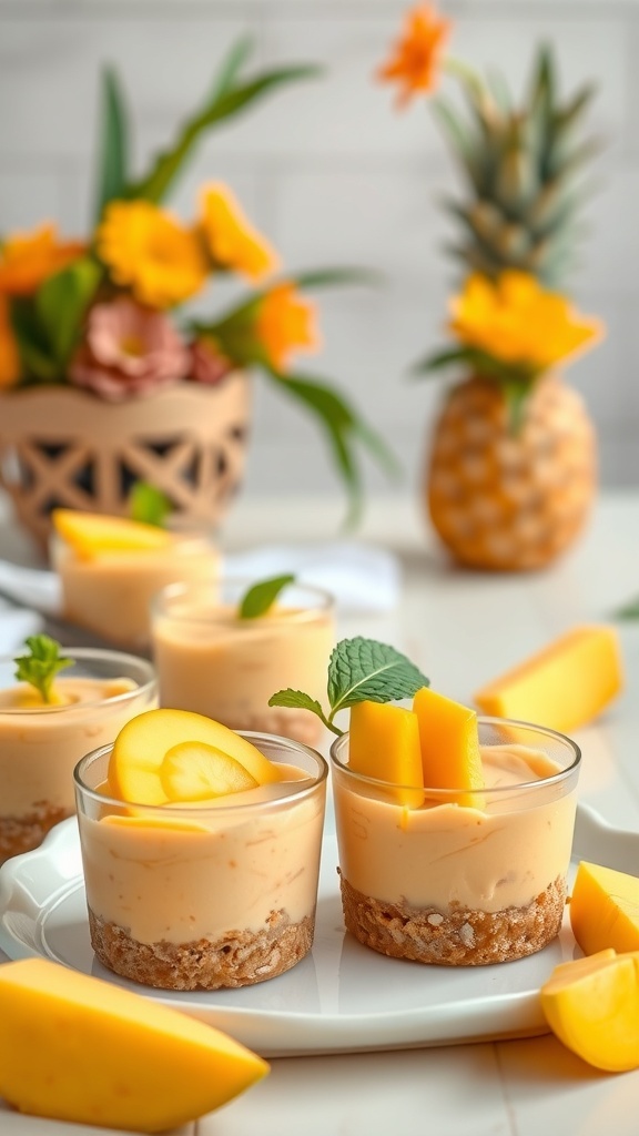 No-bake mango cheesecake cups with fresh mango slices and mint leaves, surrounded by tropical decor.