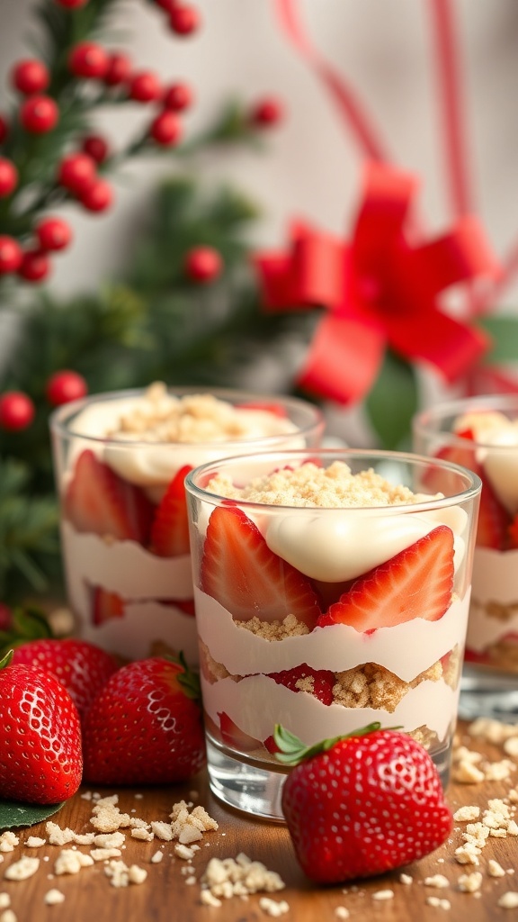 No-bake strawberry shortcake cups with fresh strawberries and cookie crumbs, decorated for Christmas.