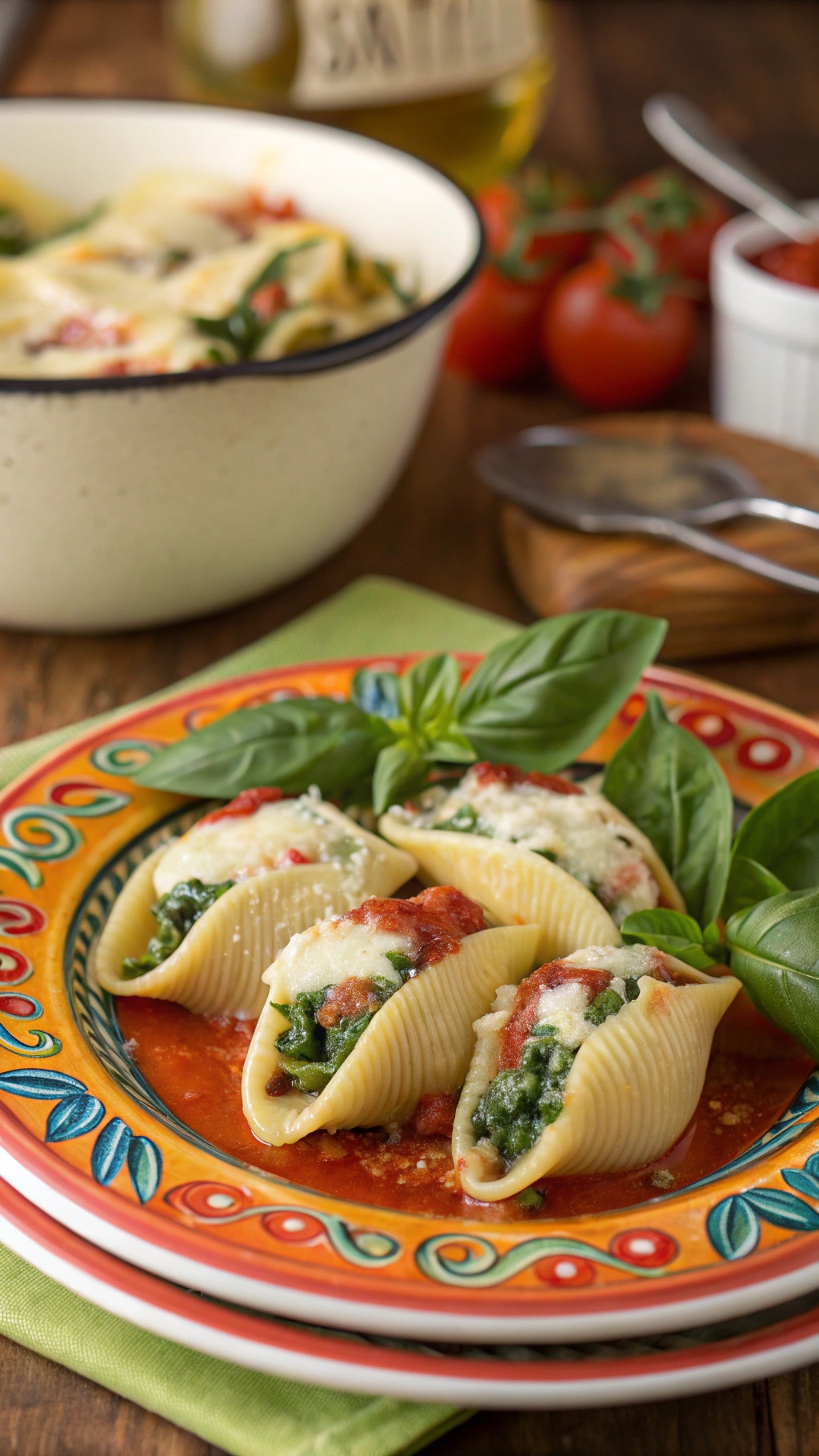 A colorful plate of spinach and cheese stuffed shells garnished with basil, served with marinara sauce.