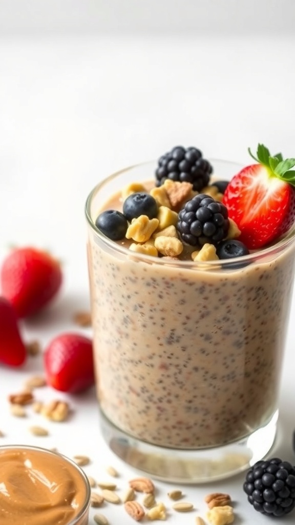 A glass of peanut butter chia seed pudding topped with fresh berries and nuts, with a small bowl of peanut butter beside it.