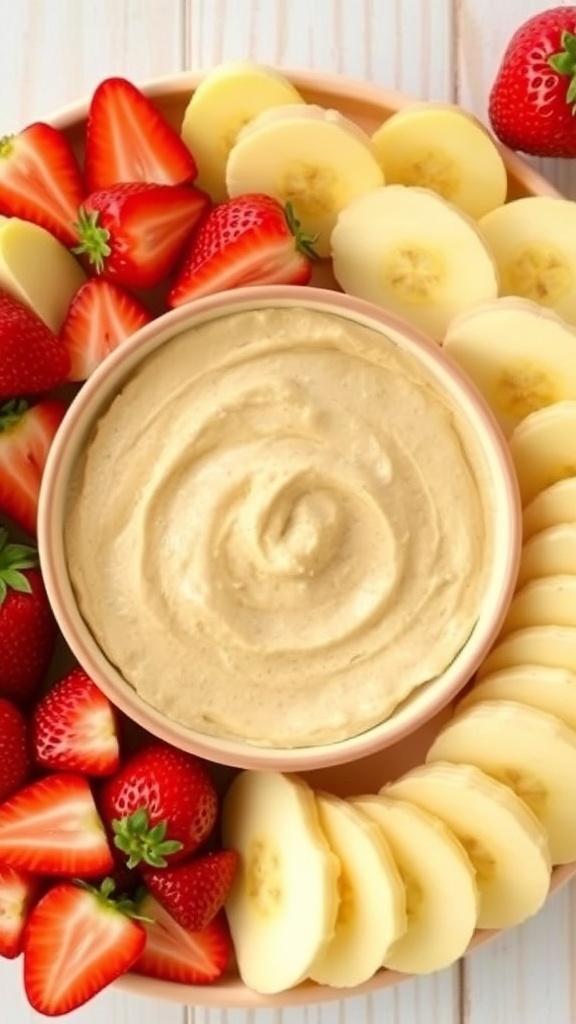 A bowl of creamy peanut butter fruit dip surrounded by fresh strawberries and banana slices.