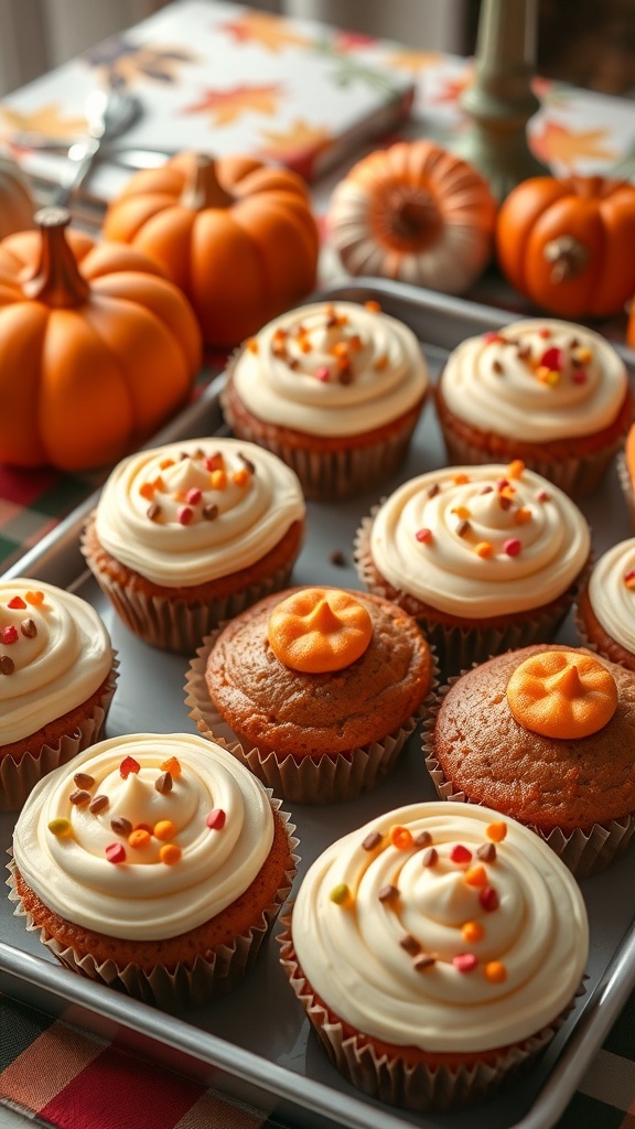 Pumpkin cupcakes with cream cheese frosting and festive decorations