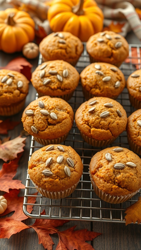 A tray of freshly baked pumpkin muffins topped with sunflower seeds, surrounded by autumn leaves and small pumpkins.