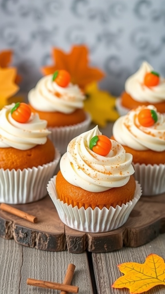 Delicious pumpkin spice cupcakes with cream cheese frosting and mini pumpkin decorations, surrounded by autumn leaves and cinnamon sticks.