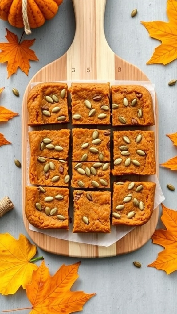 Pumpkin spice energy bars on a wooden board, surrounded by autumn leaves and a small pumpkin.