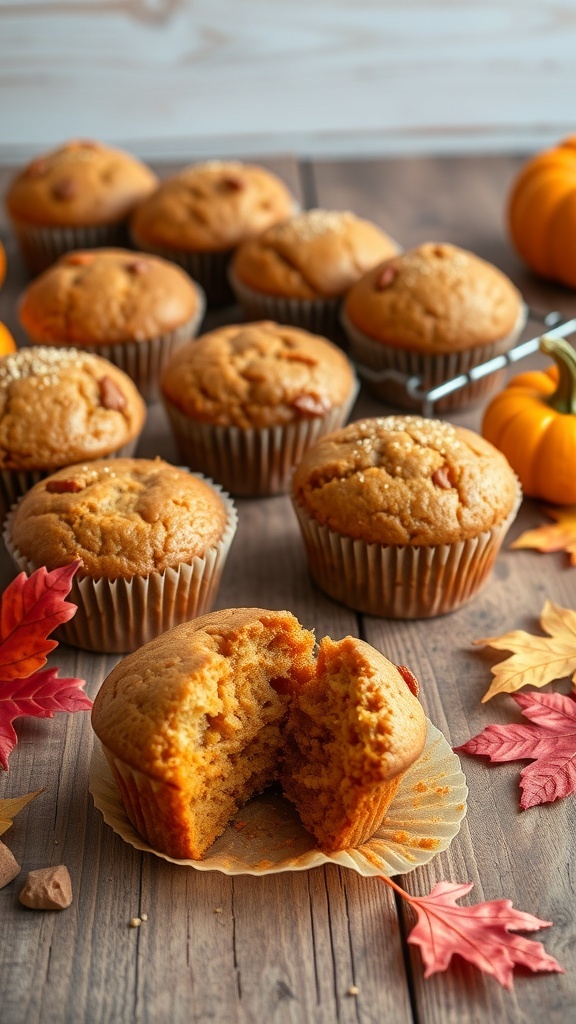 A batch of golden pumpkin spice muffins with autumn leaves and small pumpkins.