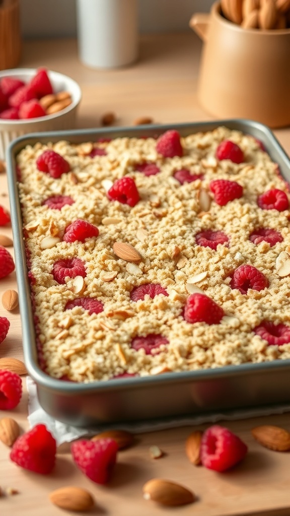 A tray of raspberry almond bars topped with fresh raspberries and sliced almonds, surrounded by more raspberries and almonds.