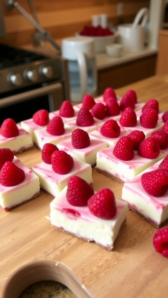 Delicious raspberry cheesecake bars on a wooden board, topped with fresh raspberries.