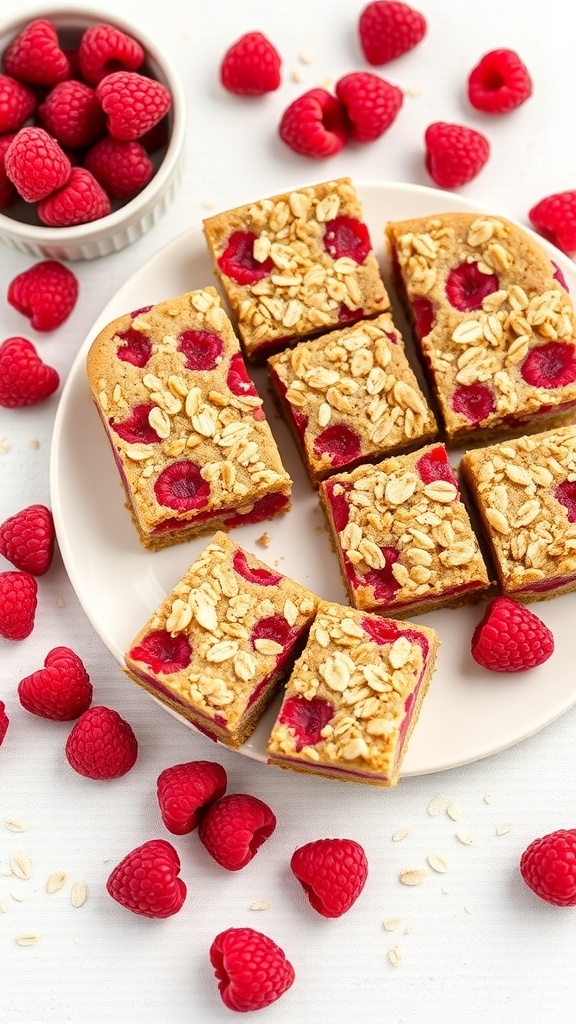 Raspberry oat bars on a plate with fresh raspberries scattered around.