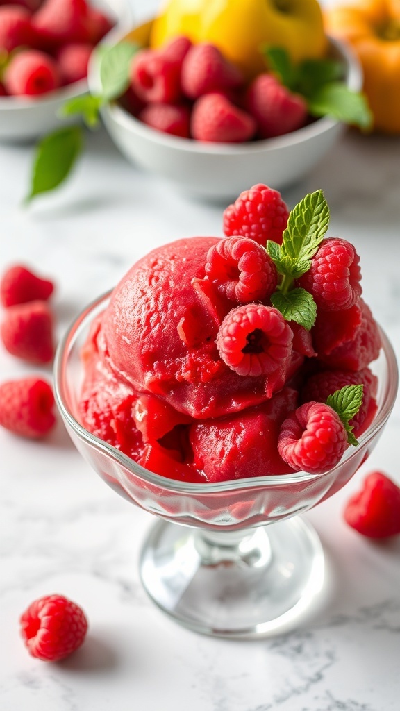 A bowl of raspberry sorbet garnished with fresh raspberries and mint leaves