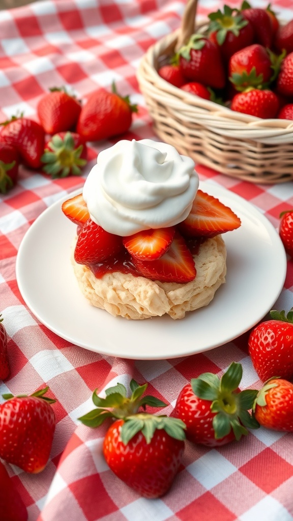 A plate of strawberry shortcake topped with whipped cream and fresh strawberries, surrounded by more strawberries on a checkered tablecloth.
