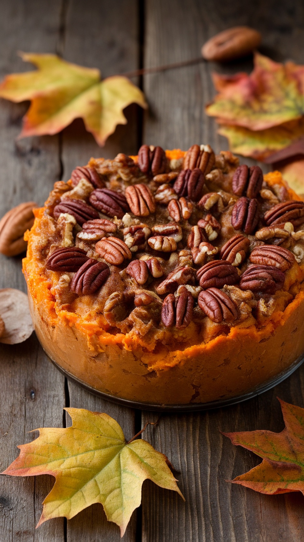 A delicious sweet potato casserole topped with pecans, set on a rustic wooden table surrounded by autumn leaves.
